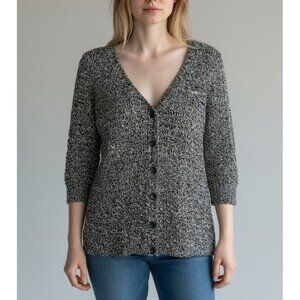DKNY Jeans S Womens Black & White Textured Button-Up Cardigan Sweater 3/4 Sleeve